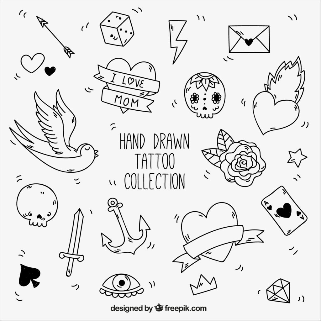 La colección Chiquitaattos incluye tatuajes dibujados a mano: una paloma, un corazón con la frase Amo a mamá, una calavera, una rosa, un ancla, una espada, naipes, un dado, un ojo y un rayo. Cada diseño presenta contornos negros sobre un fondo blanco.