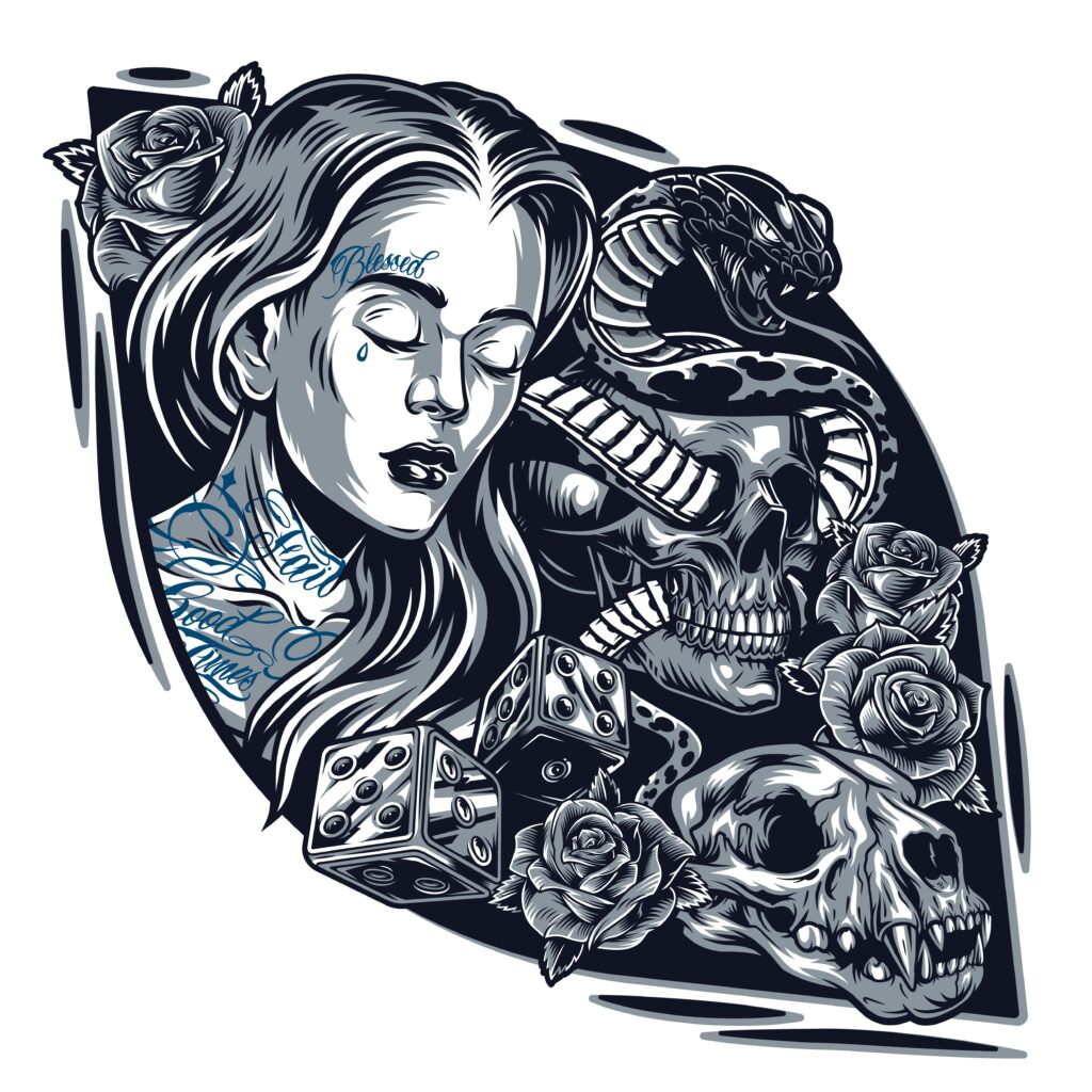 Una intrincada ilustración en blanco y negro presenta a una mujer con los ojos cerrados y tatuajes, rodeada de una serpiente, una calavera con cuernos, rosas, dados y un cráneo de animal más pequeño, todo sobre un fondo oscuro.